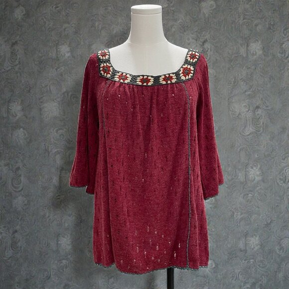 Burgundy Crochet Trim Peasant Tunic Top Maverick The Collection Oversized S - Picture 1 of 12